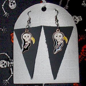 HALLOWEEN EARRINGS GRIM REAPER BABY BLACK LEATHER & ENAMEL 2-1/4" LONG